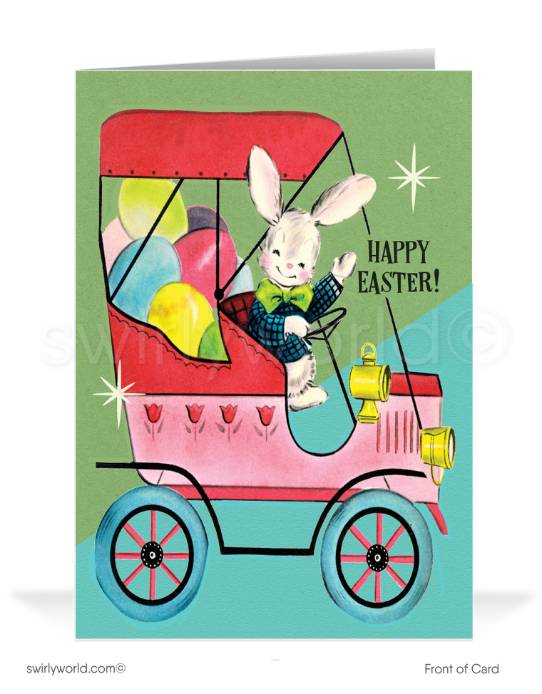 1940s-1950s mid-century retro vintage kitschy kitsch cute bunny rabbit driving car with eggs Spring happy Easter greeting cards.