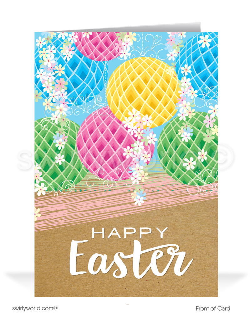 Beautiful springtime paper lanterns floral blossoms happy Easter greeting cards.