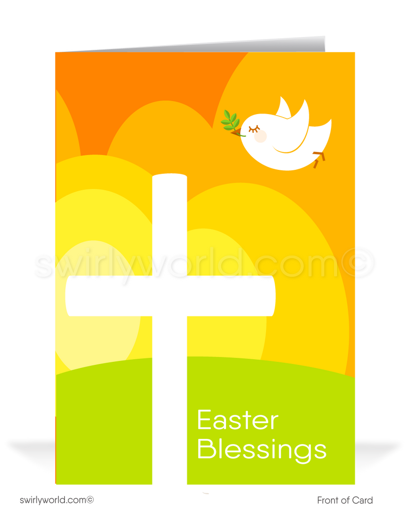 Mid-century modern retro atomic vintage holy cross with peace dove happy Easter greeting cards.
