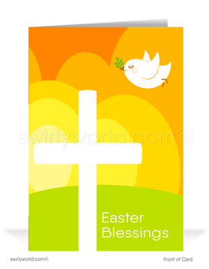 Mid-century modern retro atomic vintage holy cross with peace dove happy Easter greeting cards.