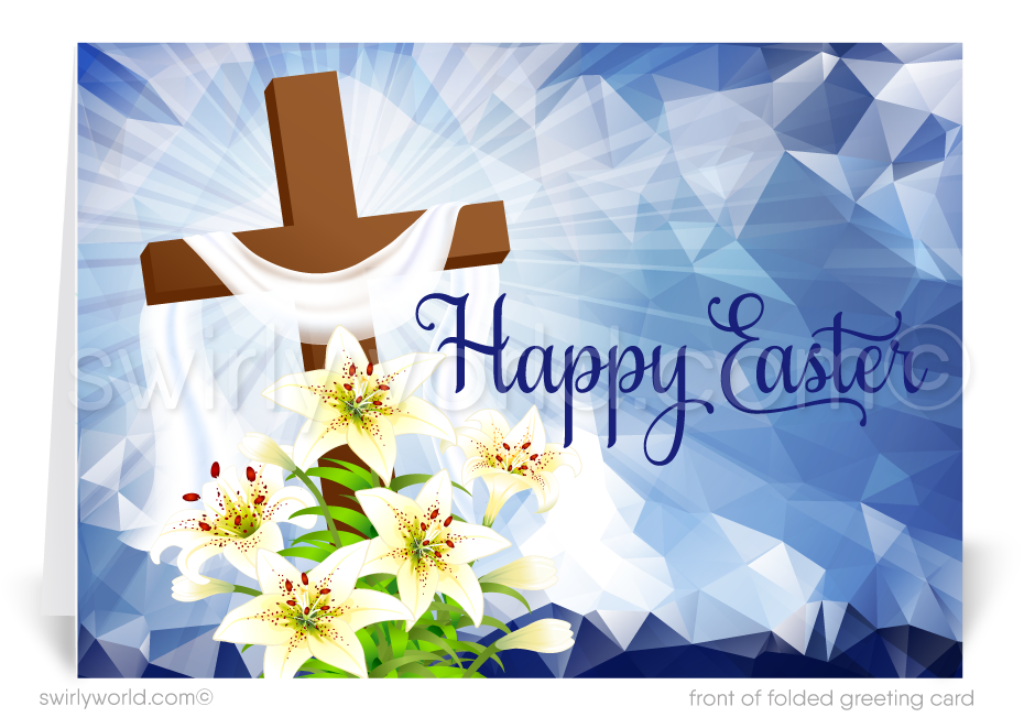 Beautiful religious cross with Easter lilies Catholic Christian happy Easter springtime blessings greeting cards.