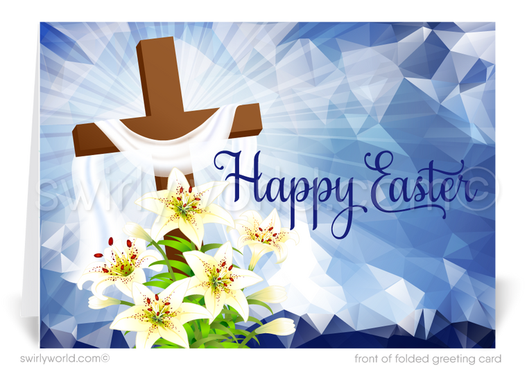 Beautiful religious cross with Easter lilies Catholic Christian happy Easter springtime blessings greeting cards.