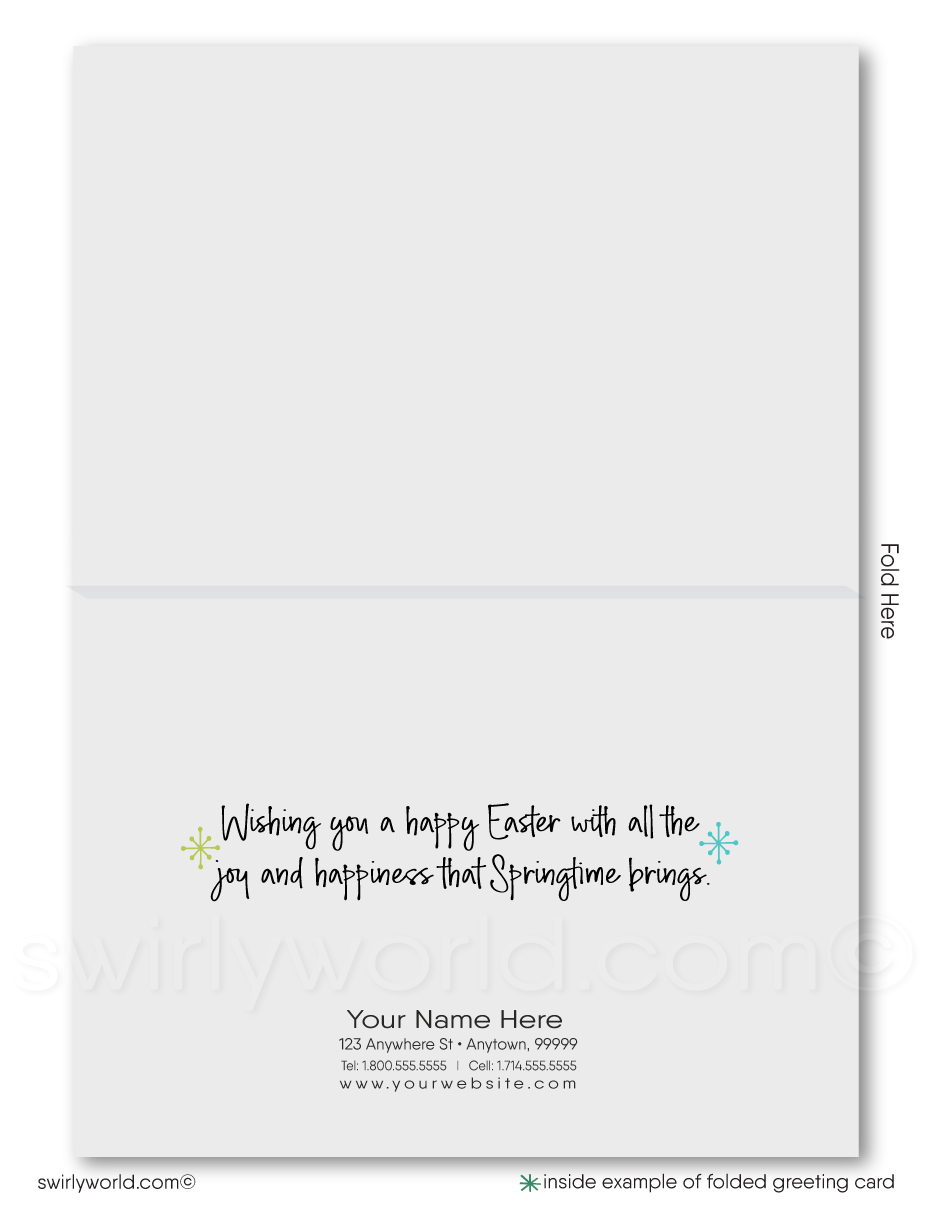 Send Easter joy with this retro card featuring a bunny driving a vintage truck with a painted egg. Mid-century charm, vibrant colors, and perfect for all!