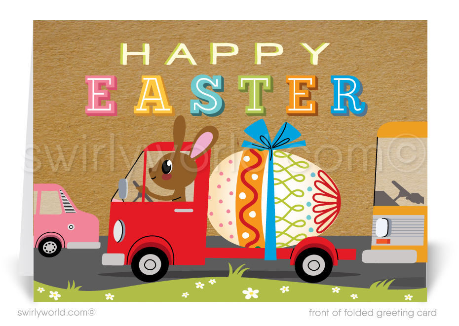 Retro Modern Bunny Driving Truck With Eggs Springtime Happy Easter Greeting Cards