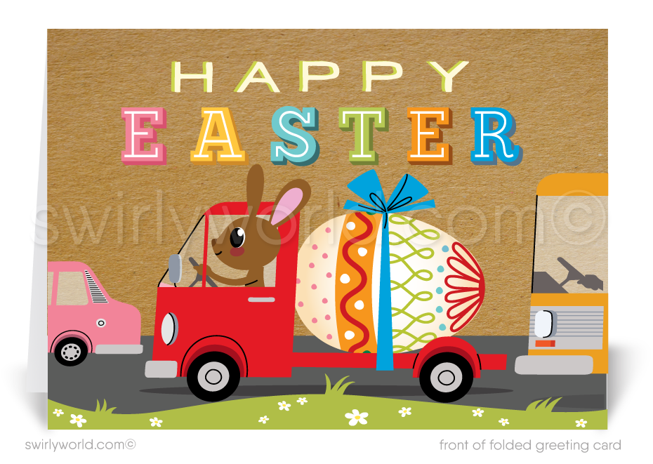 Send Easter joy with this retro card featuring a bunny driving a vintage truck with a painted egg. Mid-century charm, vibrant colors, and perfect for all!