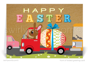 Send Easter joy with this retro card featuring a bunny driving a vintage truck with a painted egg. Mid-century charm, vibrant colors, and perfect for all!