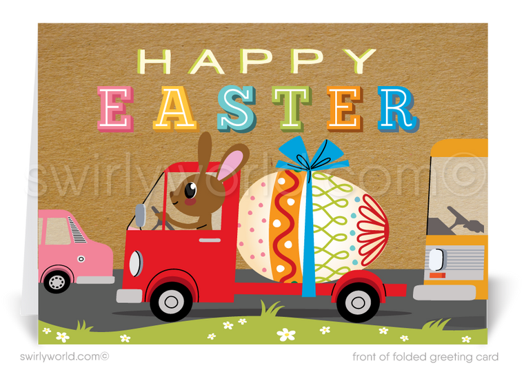 Retro Modern Bunny Driving Truck With Eggs Springtime Happy Easter Greeting Cards
