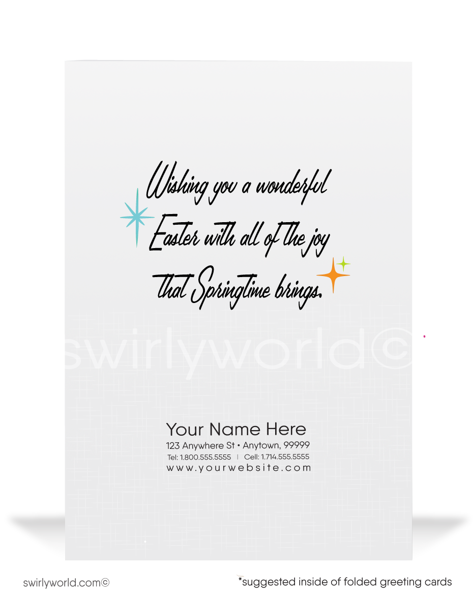 Charming retro Easter card with a colorful chocolate egg and vintage-style banner. Features bold spring colors and MCM typography. Perfect for seasonal greetings!