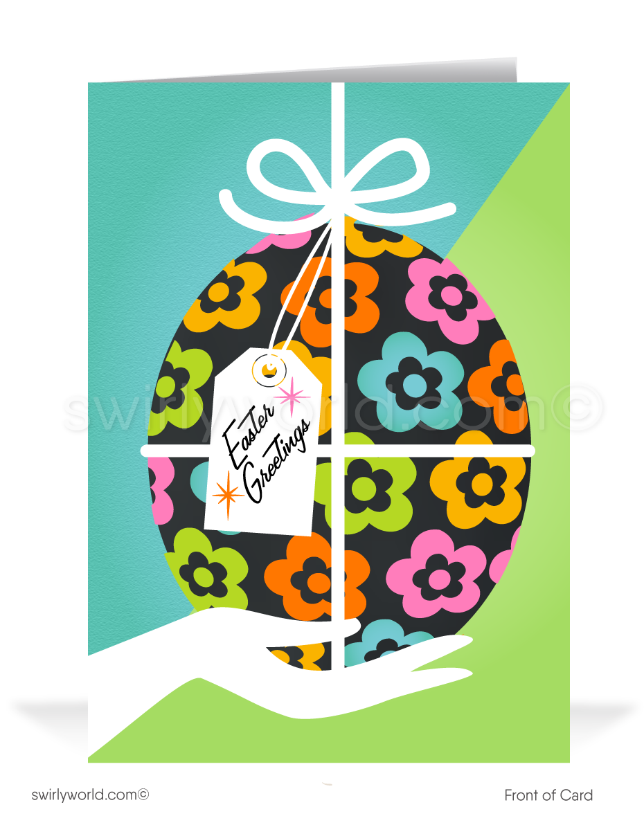 Charming retro Easter card with a colorful chocolate egg and vintage-style banner. Features bold spring colors and MCM typography. Perfect for seasonal greetings!