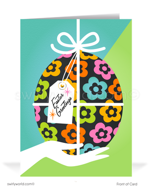 Charming retro Easter card with a colorful chocolate egg and vintage-style banner. Features bold spring colors and MCM typography. Perfect for seasonal greetings!