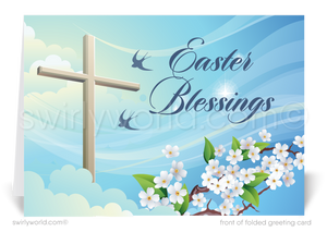 Vintage-style Easter card with a glowing cross, peaceful doves, and spring flowers in the clouds. Features “Easter Blessings” in elegant calligraphy.