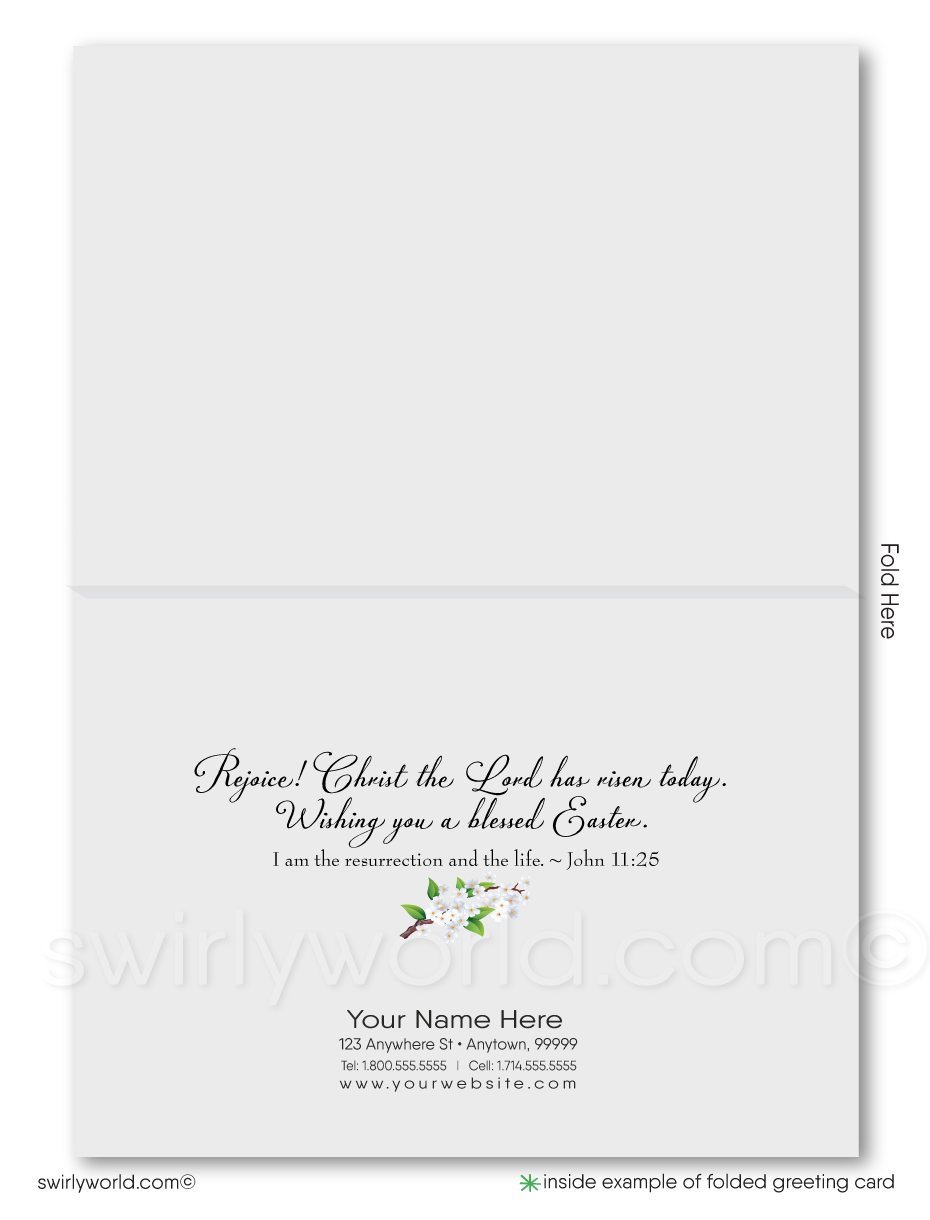 Vintage-style Easter card with a glowing cross, peaceful doves, and spring flowers in the clouds. Features “Easter Blessings” in elegant calligraphy.