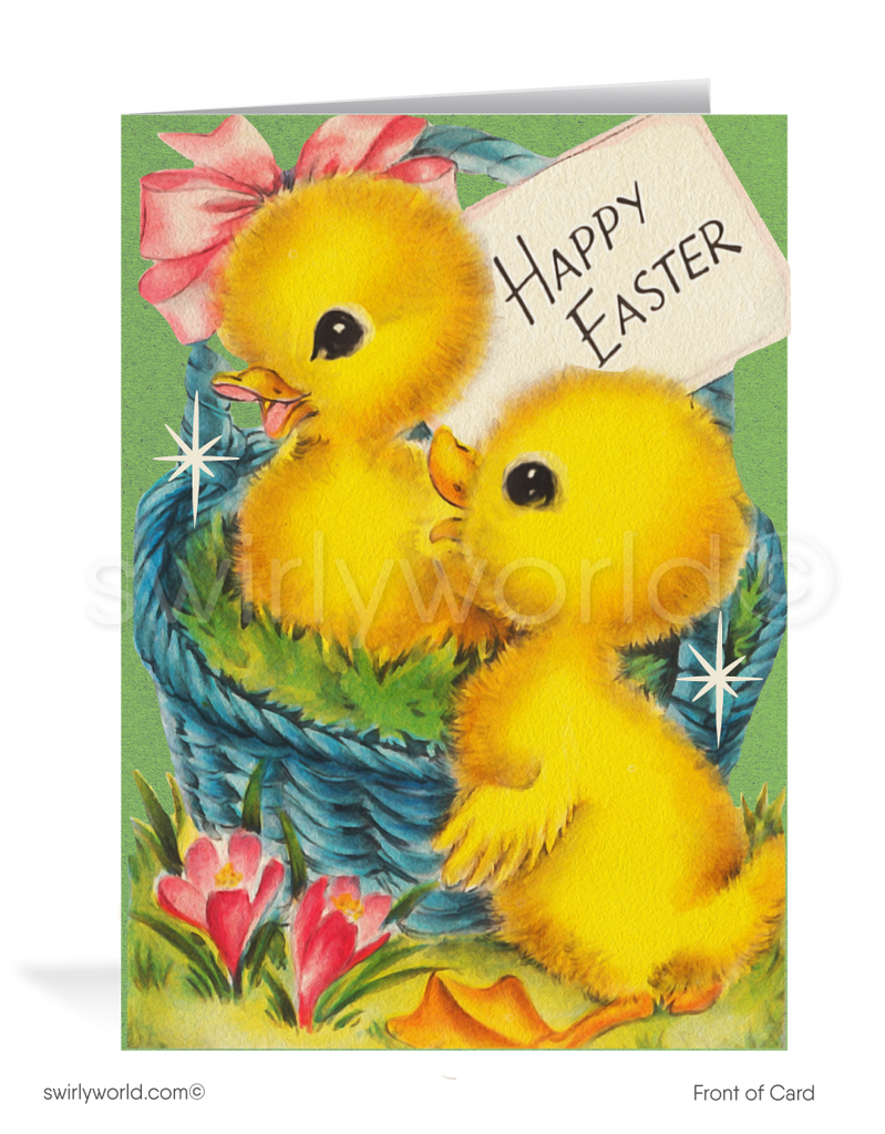 1940s-1950s mid-century retro vintage kitschy kitsch cute baby chicks with basket Spring happy Easter greeting cards.