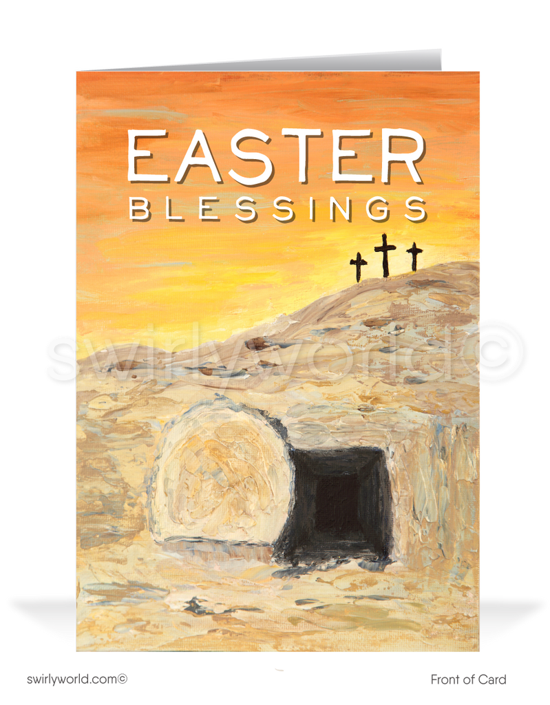 Modern three crosses He is Risen resurrection holy Catholic Christian religious blessed happy Easter cards.