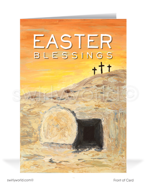 Modern three crosses He is Risen resurrection holy Catholic Christian religious blessed happy Easter cards.
