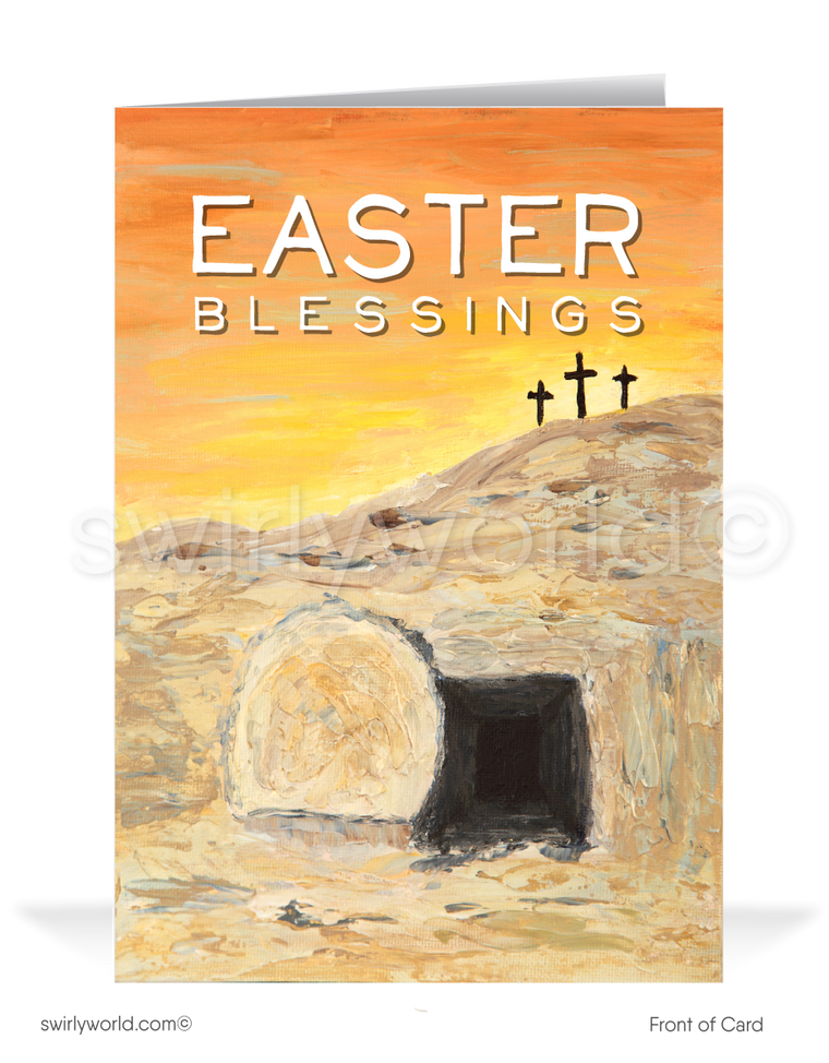 Modern three crosses He is Risen resurrection holy Catholic Christian religious blessed happy Easter cards.