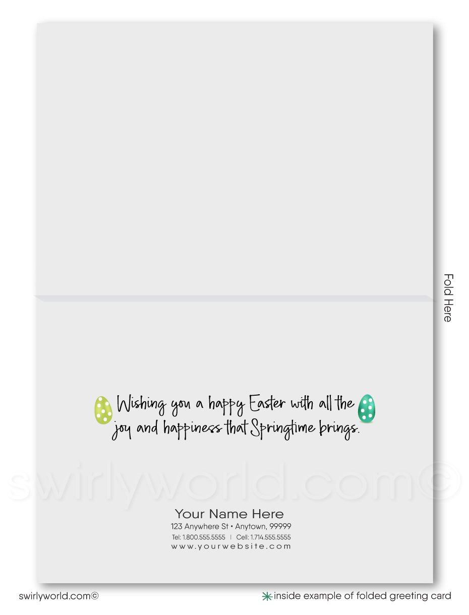 Send Easter joy with this retro-modern greeting card featuring colorful dyed eggs spelling “HAPPY EASTER” on a kraft-style center with a mid-century backdrop.