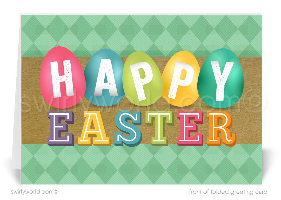 Send Easter joy with this retro-modern greeting card featuring colorful dyed eggs spelling “HAPPY EASTER” on a kraft-style center with a mid-century backdrop.
