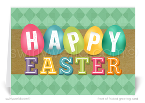 Send Easter joy with this retro-modern greeting card featuring colorful dyed eggs spelling “HAPPY EASTER” on a kraft-style center with a mid-century backdrop.