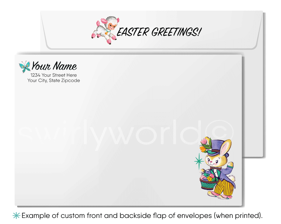 1940s-1960s Mid-century retro atomic modern vintage kitschy kitsch goose with basket happy Easter greeting cards.