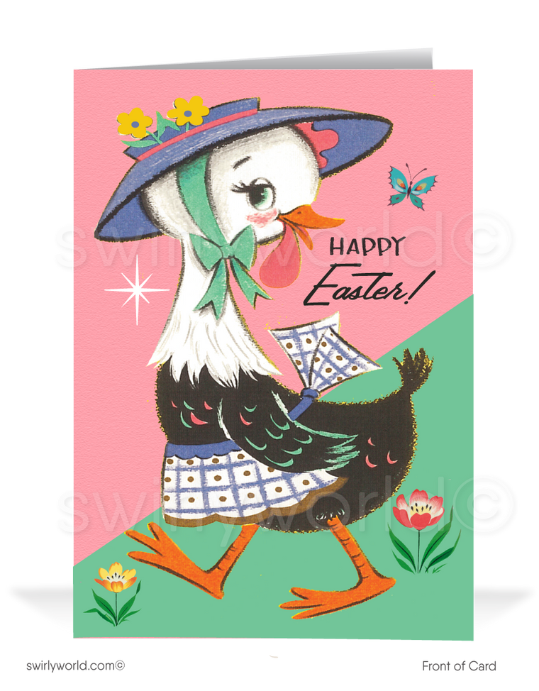 1940s-1960s Mid-century retro atomic modern vintage kitschy kitsch goose with basket happy Easter greeting cards.