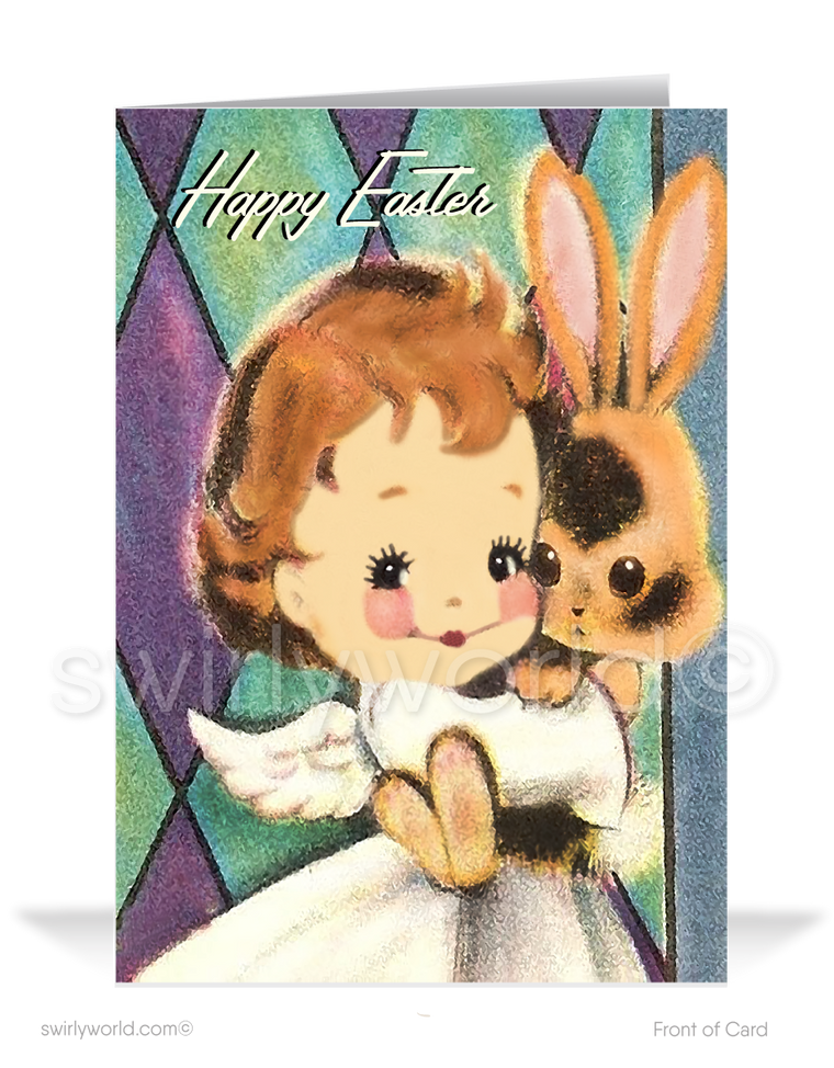 1950s-1960s mid-century retro vintage religious Christian sweet angel with bunny resurrection day happy Easter greeting cards.
