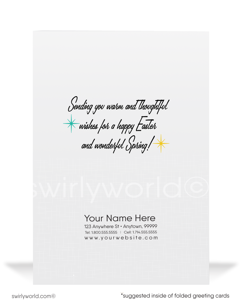 Adorable vintage Easter card with a stylish mother duck and her chicks in bonnets. Retro teal backdrop, classic mid-century charm, and springtime flair!