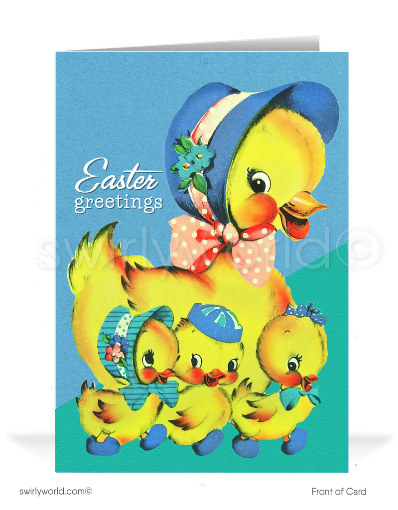 1940s-1950s mid-century retro vintage kitschy kitsch mother duck with baby chicks Spring happy Easter greeting cards.
