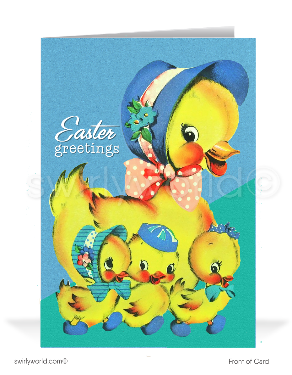 Adorable vintage Easter card with a stylish mother duck and her chicks in bonnets. Retro teal backdrop, classic mid-century charm, and springtime flair!