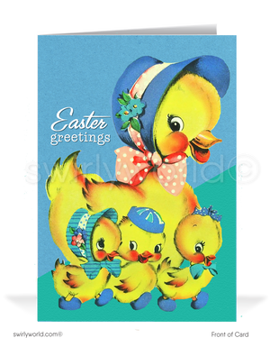 Adorable vintage Easter card with a stylish mother duck and her chicks in bonnets. Retro teal backdrop, classic mid-century charm, and springtime flair!