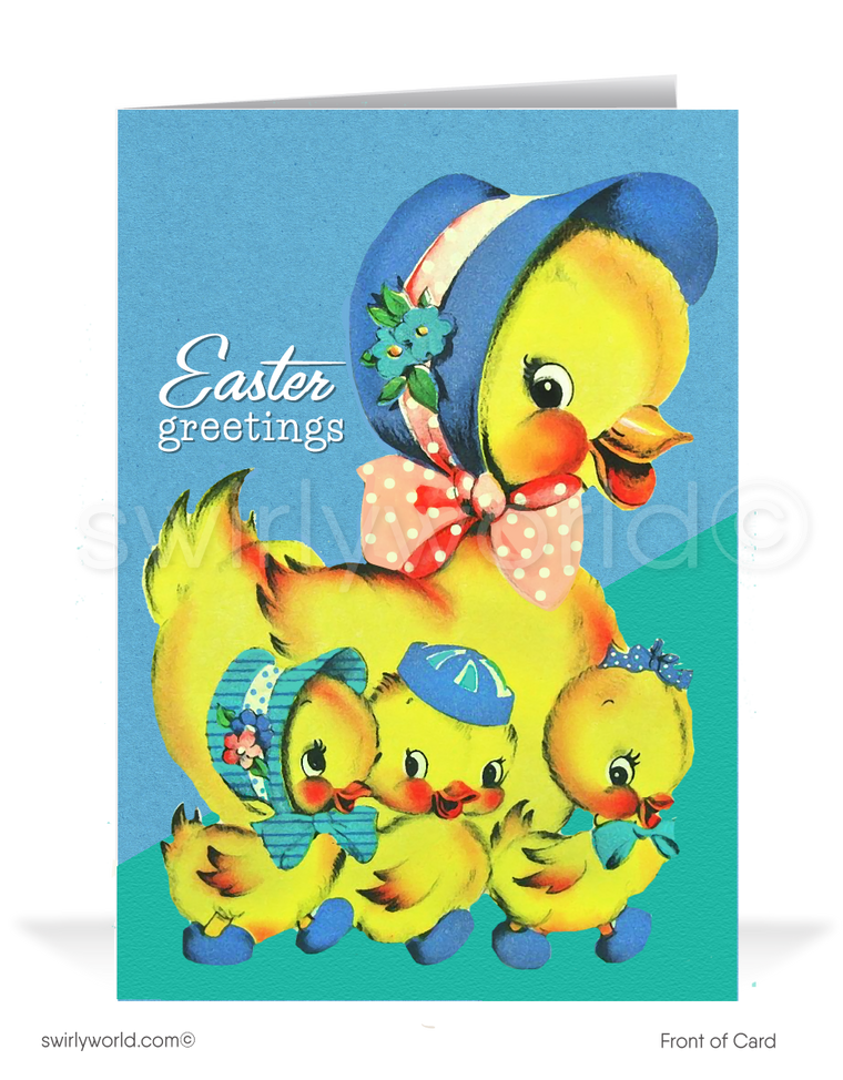Adorable vintage Easter card with a stylish mother duck and her chicks in bonnets. Retro teal backdrop, classic mid-century charm, and springtime flair!