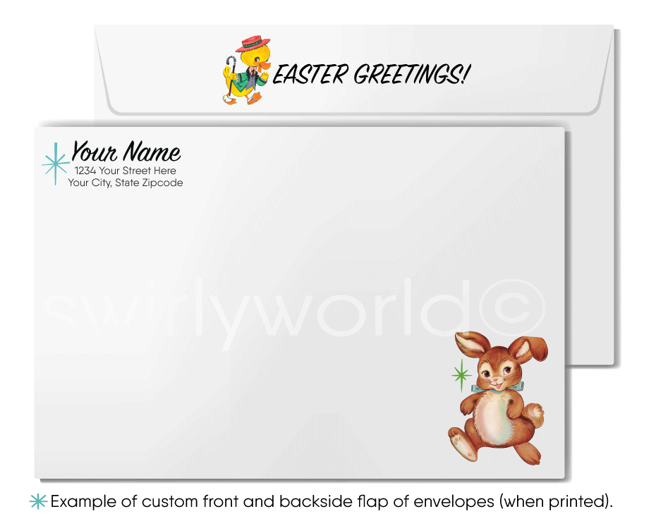 1940s-1950s mid-century retro vintage kitschy kitsch baby chick in basket starburst Spring happy Easter greeting cards.