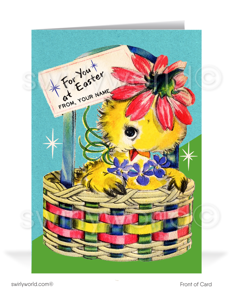 1950's vintage retro happy Easter greeting cards.1940s-1950s mid-century retro vintage kitschy kitsch baby chick in basket starburst Spring happy Easter greeting cards.