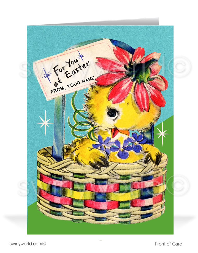 Vintage Easter Card – Baby Chick in Basket with Flower, Retro MCM Spring Design