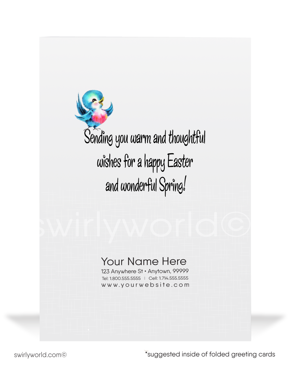 Charming vintage Easter card with a bunny couple carrying flowers & pastel eggs through a sunny garden. Retro hues & classic MCM style for spring flair!