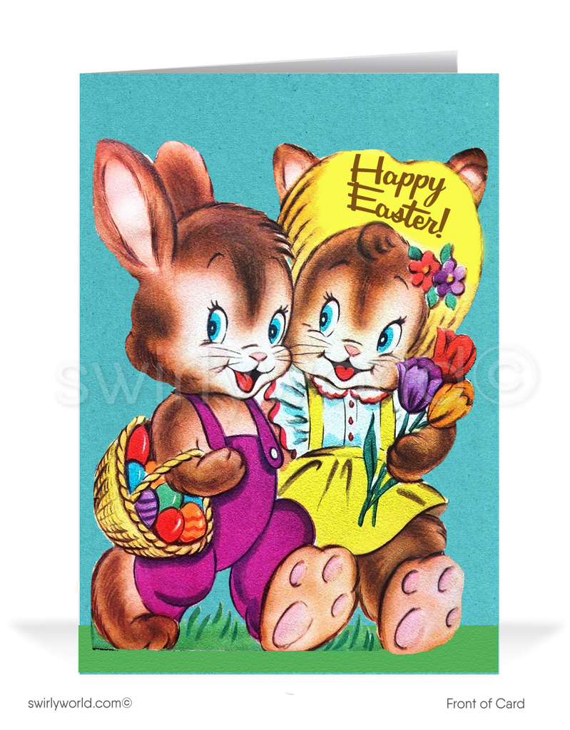 1940s-1950s mid-century retro vintage kitschy kitsch cute bunny rabbit couple with flowers Spring happy Easter greeting cards.
