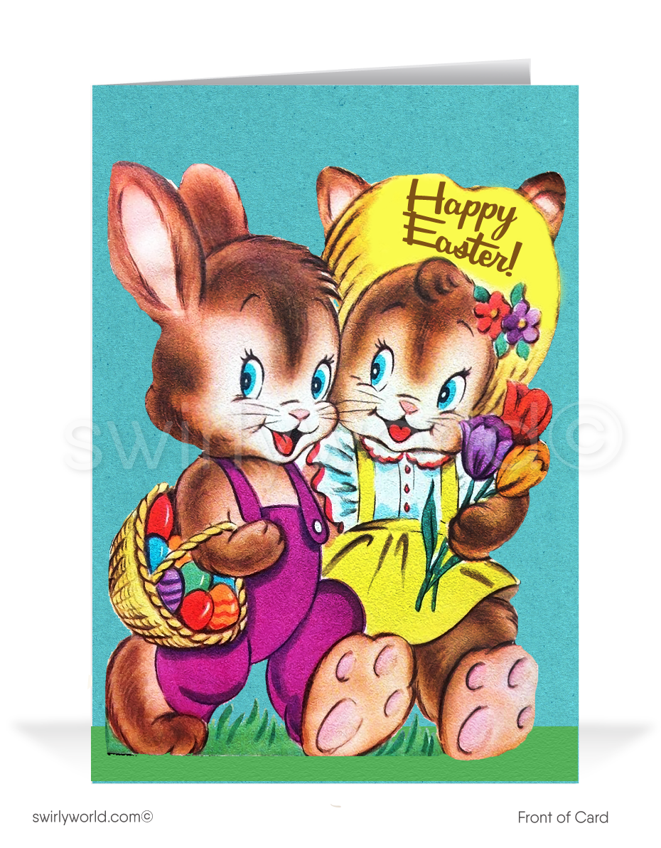 Charming vintage Easter card with a bunny couple carrying flowers & pastel eggs through a sunny garden. Retro hues & classic MCM style for spring flair!