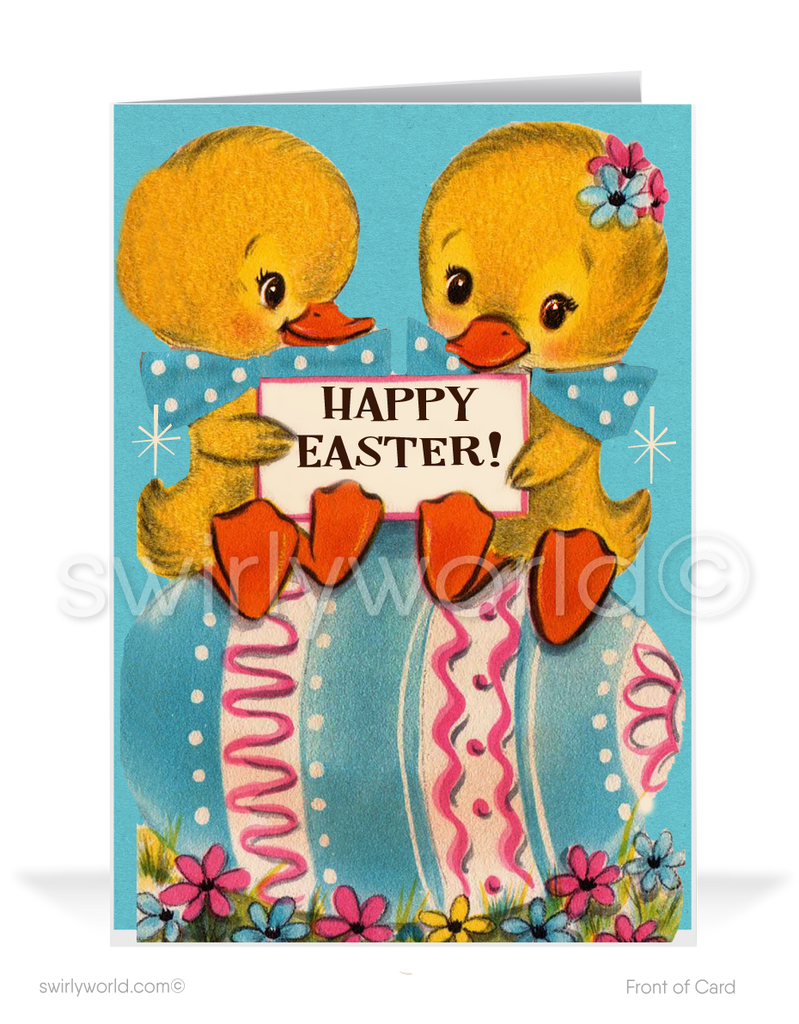 1950s-1960s atomic mid-century retro vintage kitschy kitsch cute baby chicks on decorated egg Spring happy Easter greeting cards.