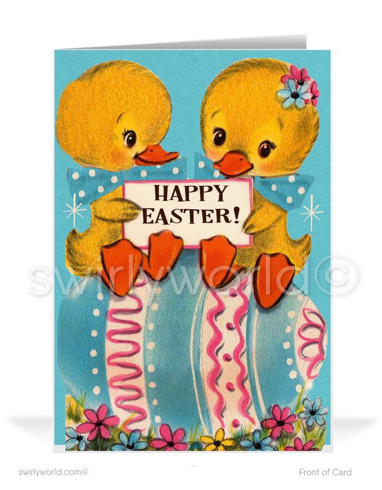 1950s-1960s atomic mid-century retro vintage kitschy kitsch cute baby chicks on decorated egg Spring happy Easter greeting cards.