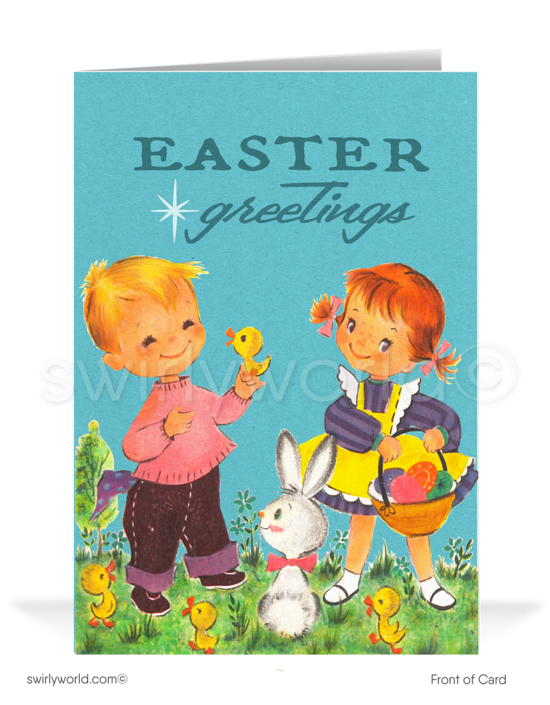 1940s-1950s mid-century retro vintage kitschy kitsch cute kids with bunny rabbit and baby chick with flowers Spring happy Easter greeting cards.
