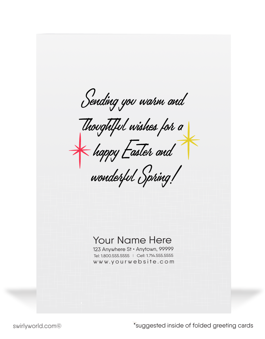 Vintage Easter card featuring a dapper brown bunny in a red tie peeking from an envelope. Retro MCM colors, atomic starbursts & cheerful spring charm!