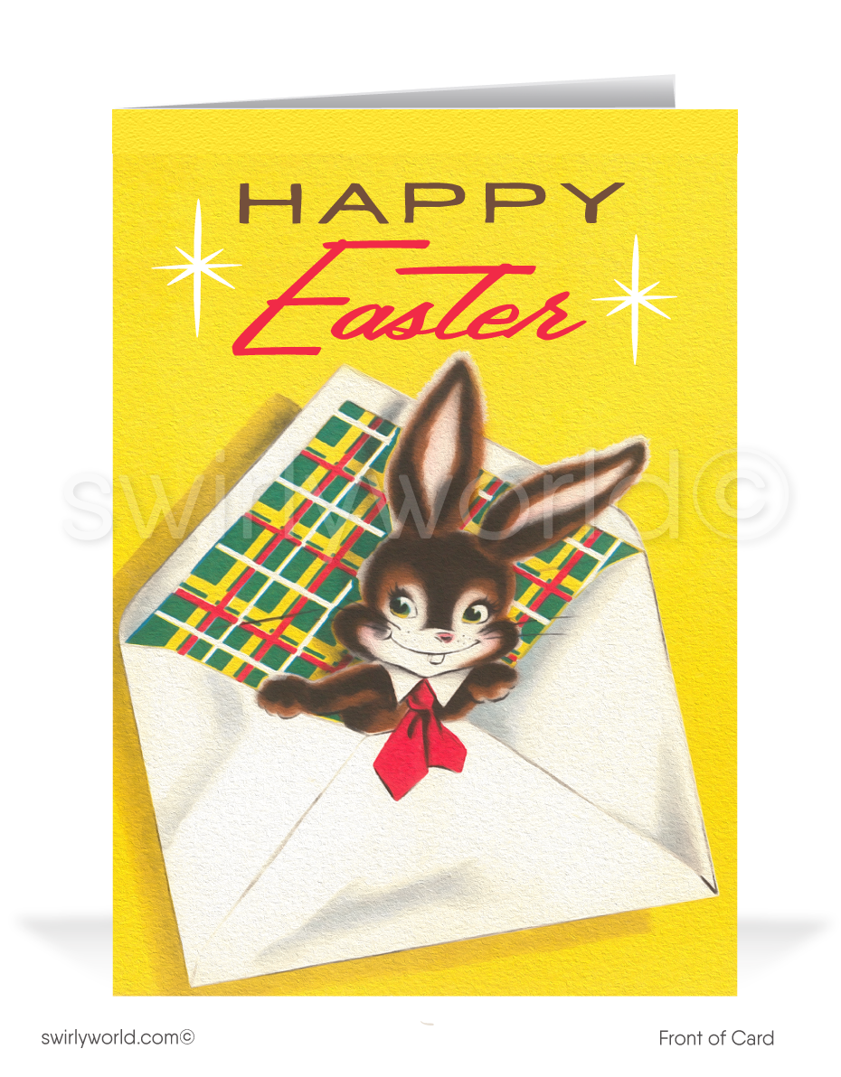 Vintage Easter card featuring a dapper brown bunny in a red tie peeking from an envelope. Retro MCM colors, atomic starbursts & cheerful spring charm!