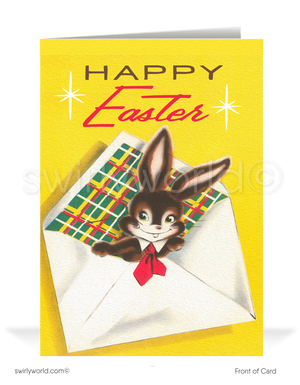 Vintage Easter card featuring a dapper brown bunny in a red tie peeking from an envelope. Retro MCM colors, atomic starbursts & cheerful spring charm!