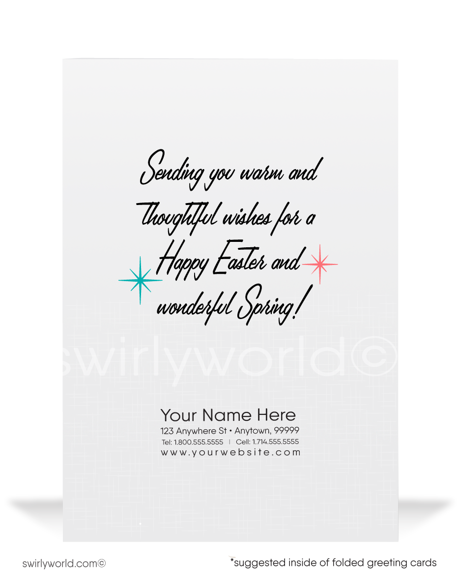 Whimsical vintage Easter card with a bunny in a top hat and polka-dot bowtie. Soft blue retro backdrop, pink atomic starbursts & classic MCM charm!