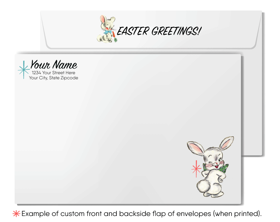 1940s-1950s mid-century retro vintage kitschy kitsch cute bunny rabbit with bowtie pink and blue Spring happy Easter greeting cards.