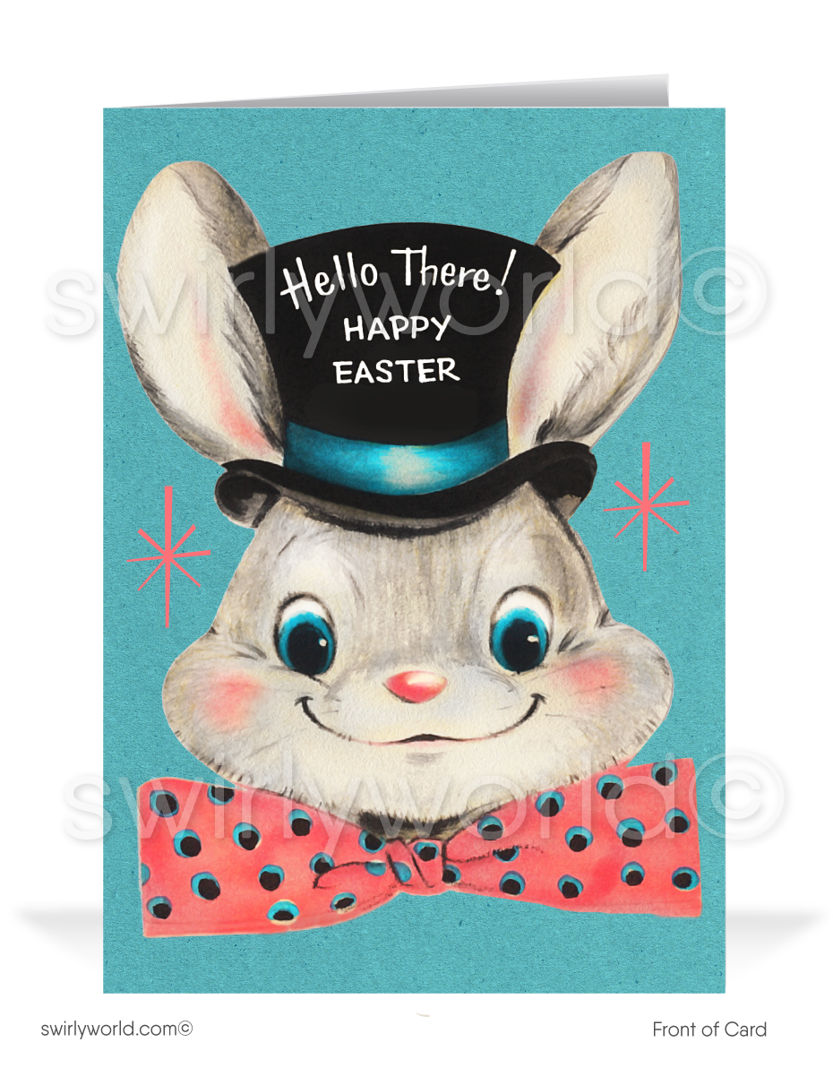 Whimsical vintage Easter card with a bunny in a top hat and polka-dot bowtie. Soft blue retro backdrop, pink atomic starbursts & classic MCM charm!