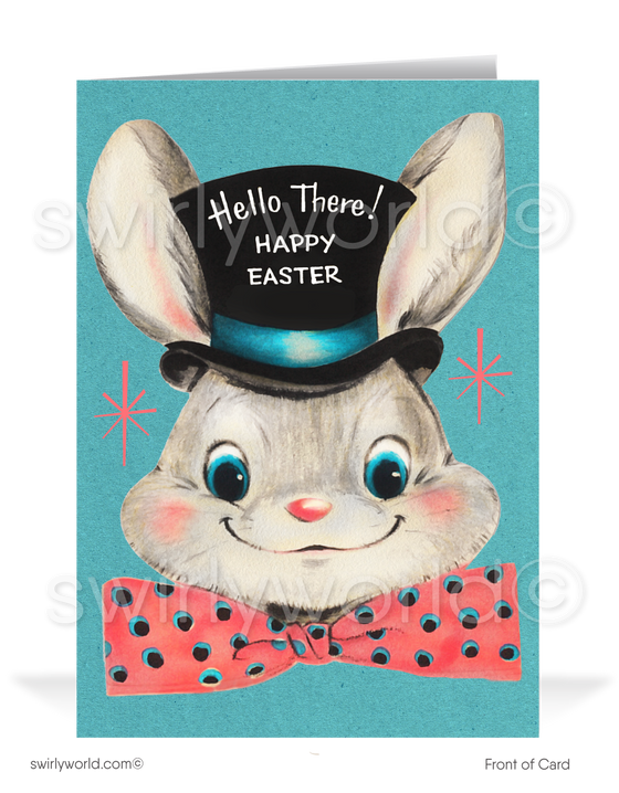 1940s-1950s mid-century retro vintage kitschy kitsch cute bunny rabbit with bowtie pink and blue Spring happy Easter greeting cards.