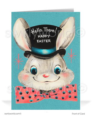 Whimsical vintage Easter card with a bunny in a top hat and polka-dot bowtie. Soft blue retro backdrop, pink atomic starbursts & classic MCM charm!