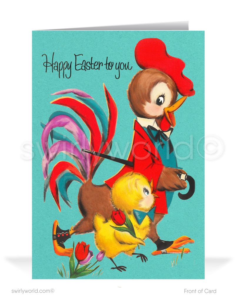 1940s-1960s mid-century retro vintage kitschy kitsch rooster and baby chick cute Spring happy Easter greeting cards.