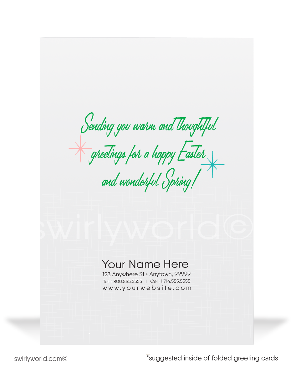 Adorable vintage Easter card with a postman bunny delivering eggs & letters, baby bunny in his pack. Retro spring path scene with classic MCM charm!